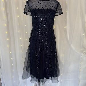 JS Collections Navy Sequin Mesh Midi Dress